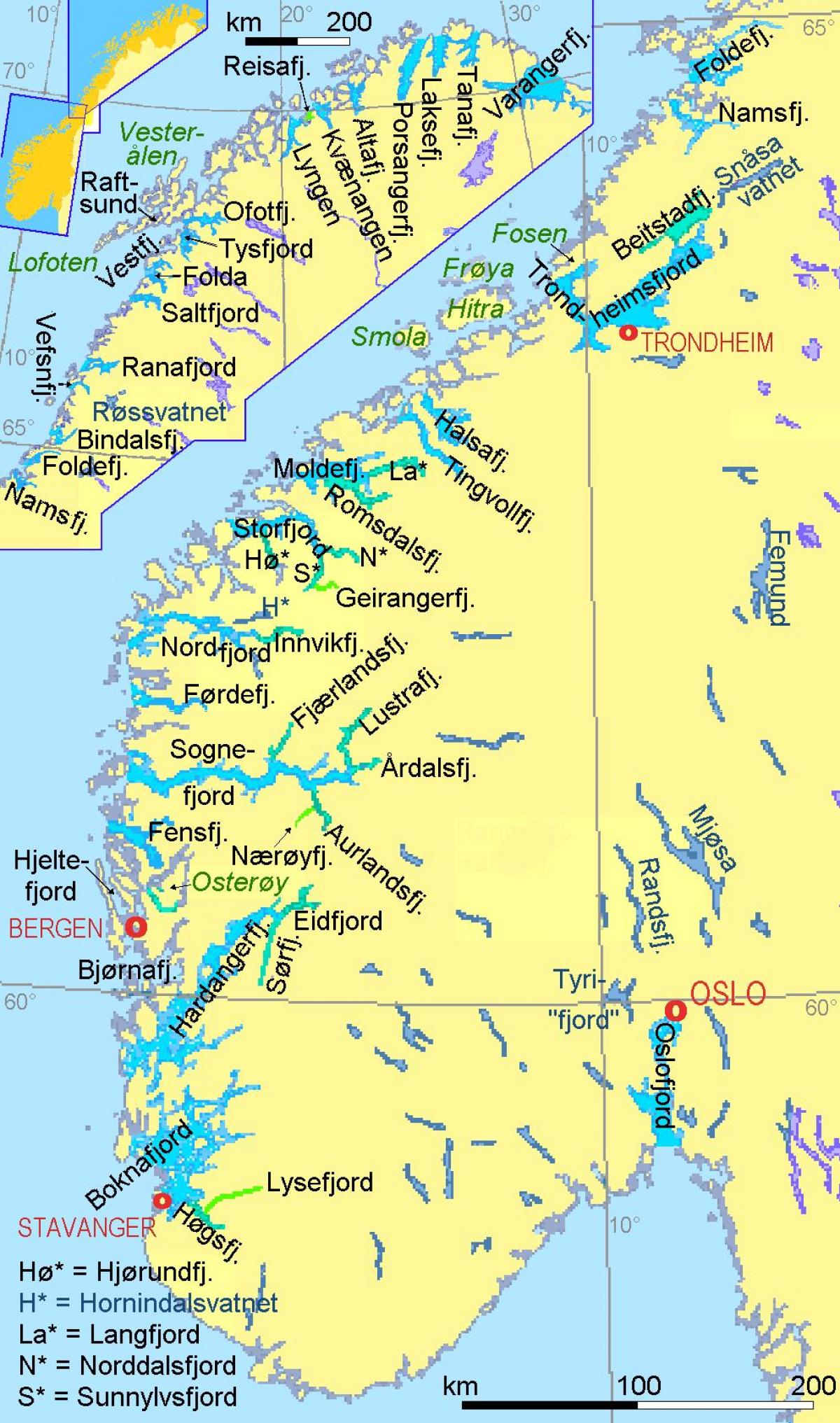 mapa de Noruega mostrando fiordos