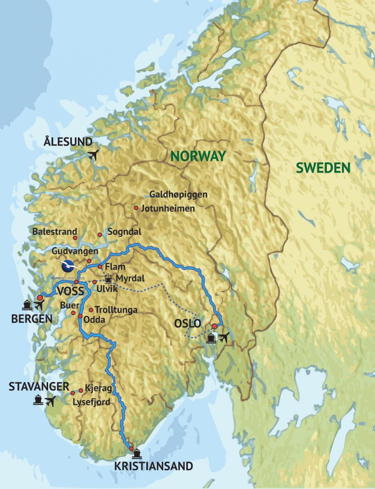 Mapa del oeste de Noruega