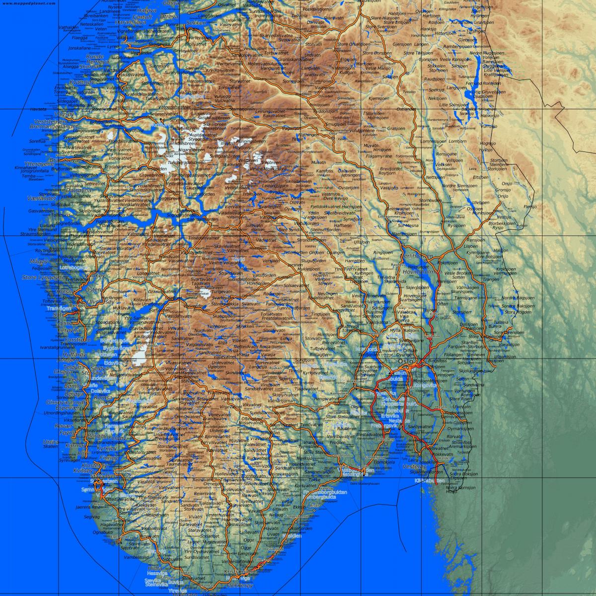 mapa detallado del sur de Noruega