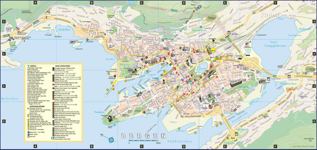 mapa de calle de la ciudad de bergen, Noruega