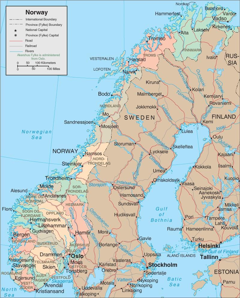 Mapa de Noruega cascadas