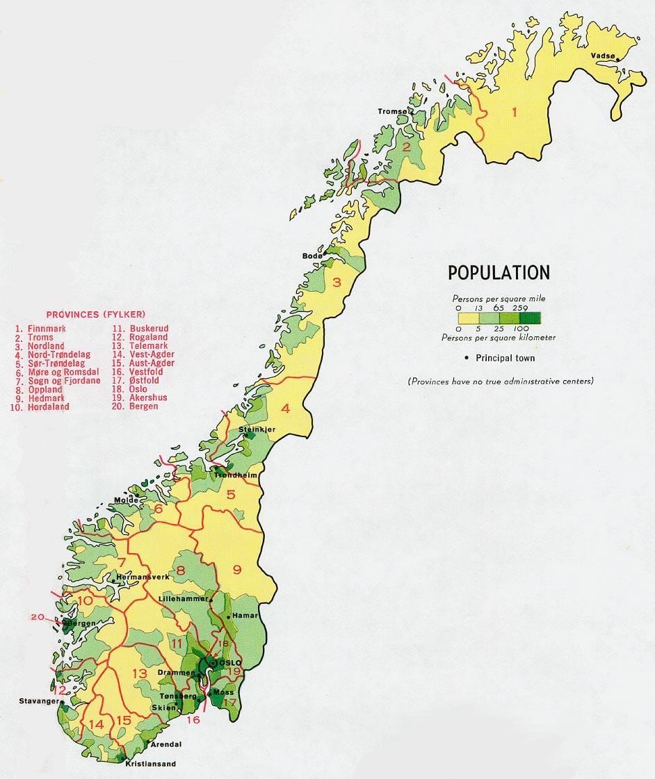 Noruega mapa de población