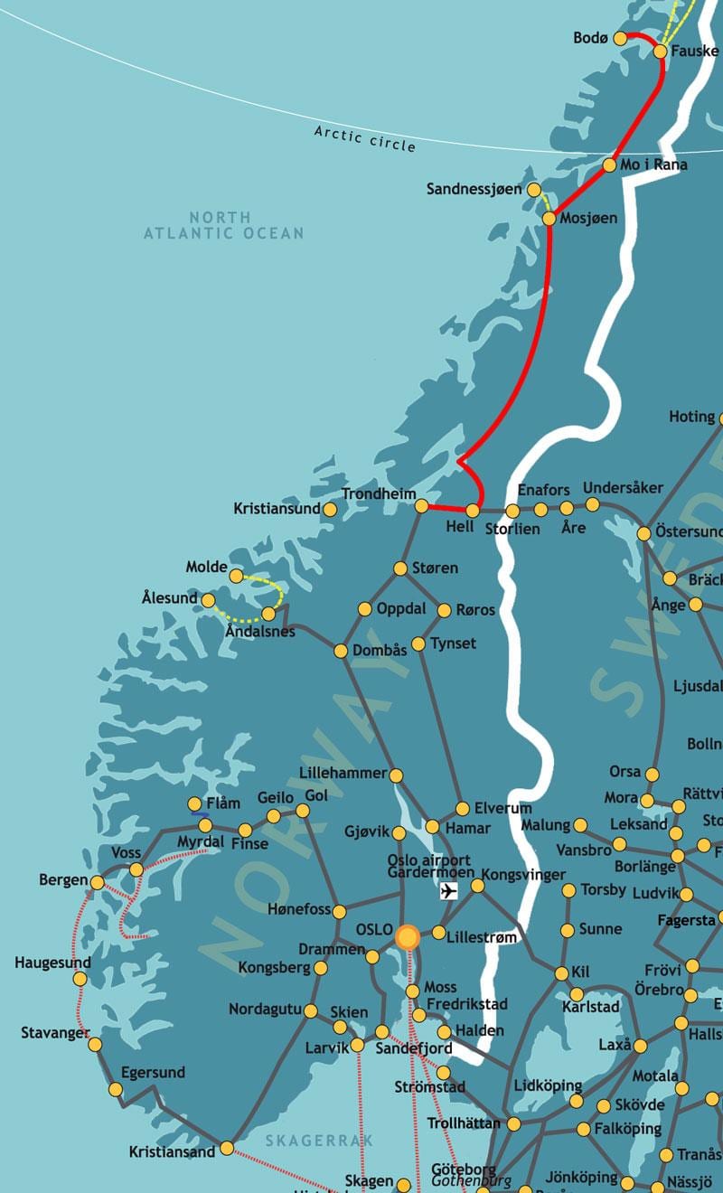 Mapa de ferrocarril del norte de Noruega