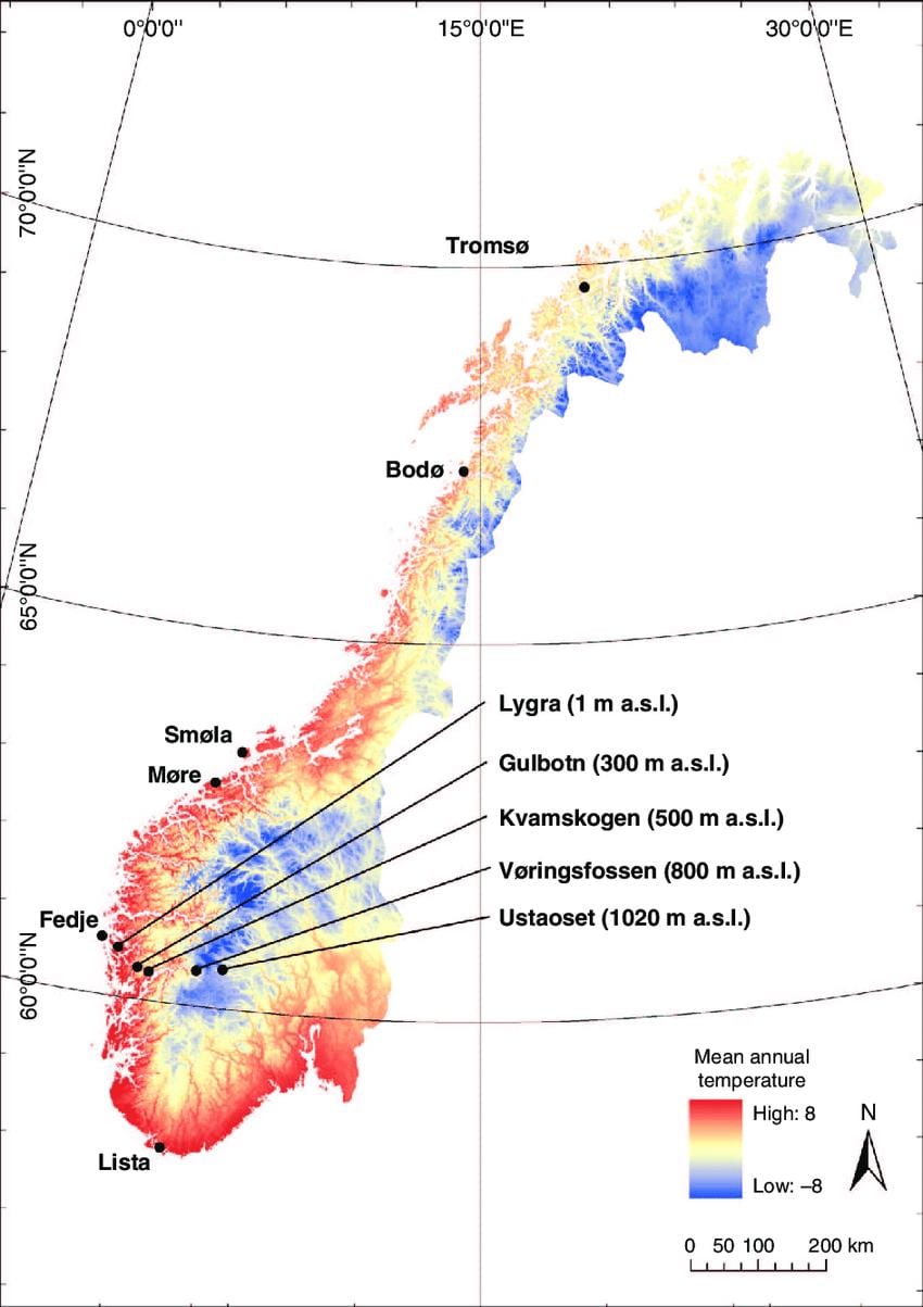 Noruega mapa de temperatura