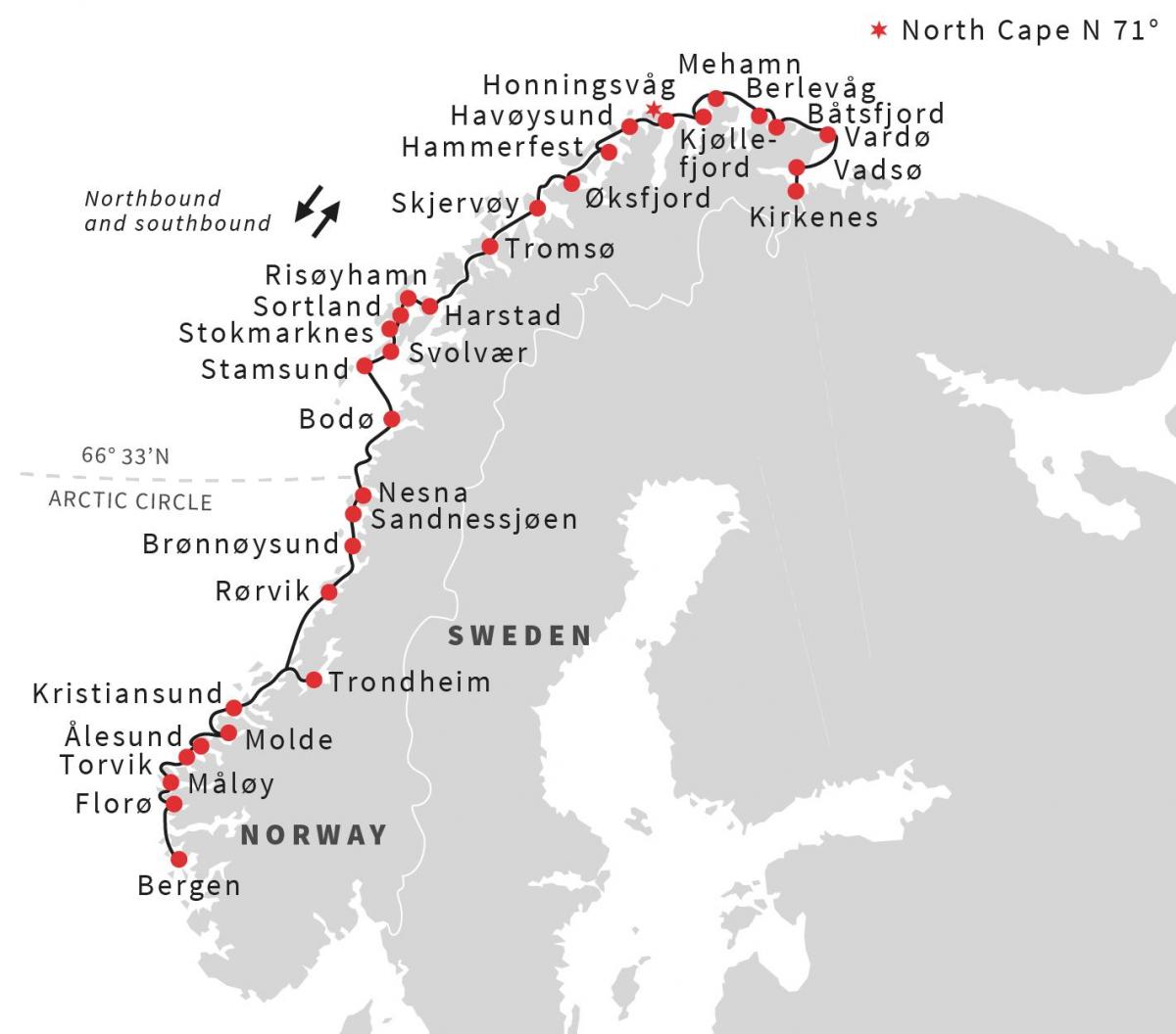 Mapa de puertos de Noruega