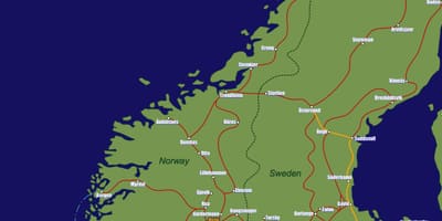 Mapa de las rutas de trenes de Noruega